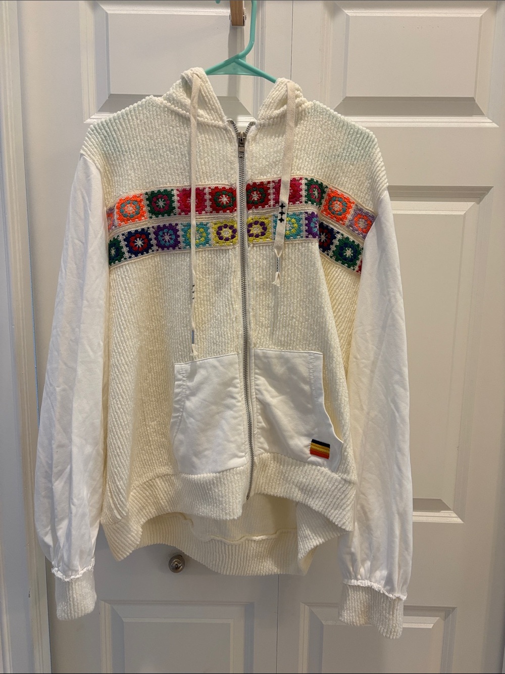 POL Cream Zip-Up Hoodie with Colorful Crochet Trim